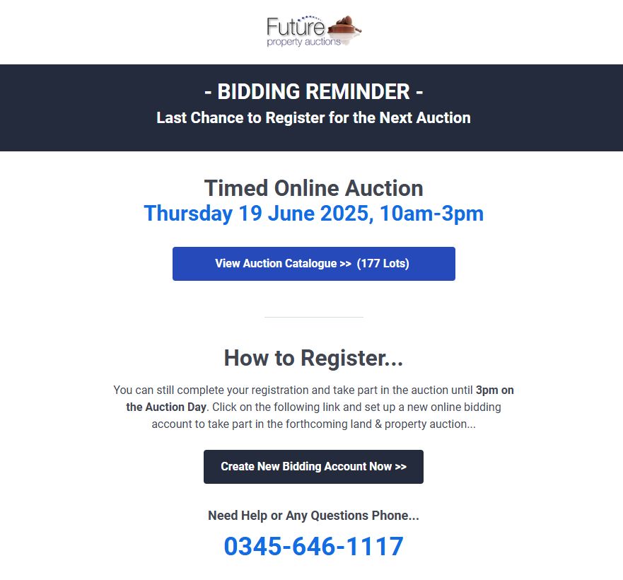 - BIDDING REMINDER - Last Chance to Register for the Next Auction
 Timed Online Auction Thursday 19 June 2025, 10am-3pm

View Auction Catalogue >>  (177 Lots)  buff.ly/Me2Vr0x 
Create New Bidding Account Now >> buff.ly/zgkxdvX  

#propertyauction #property