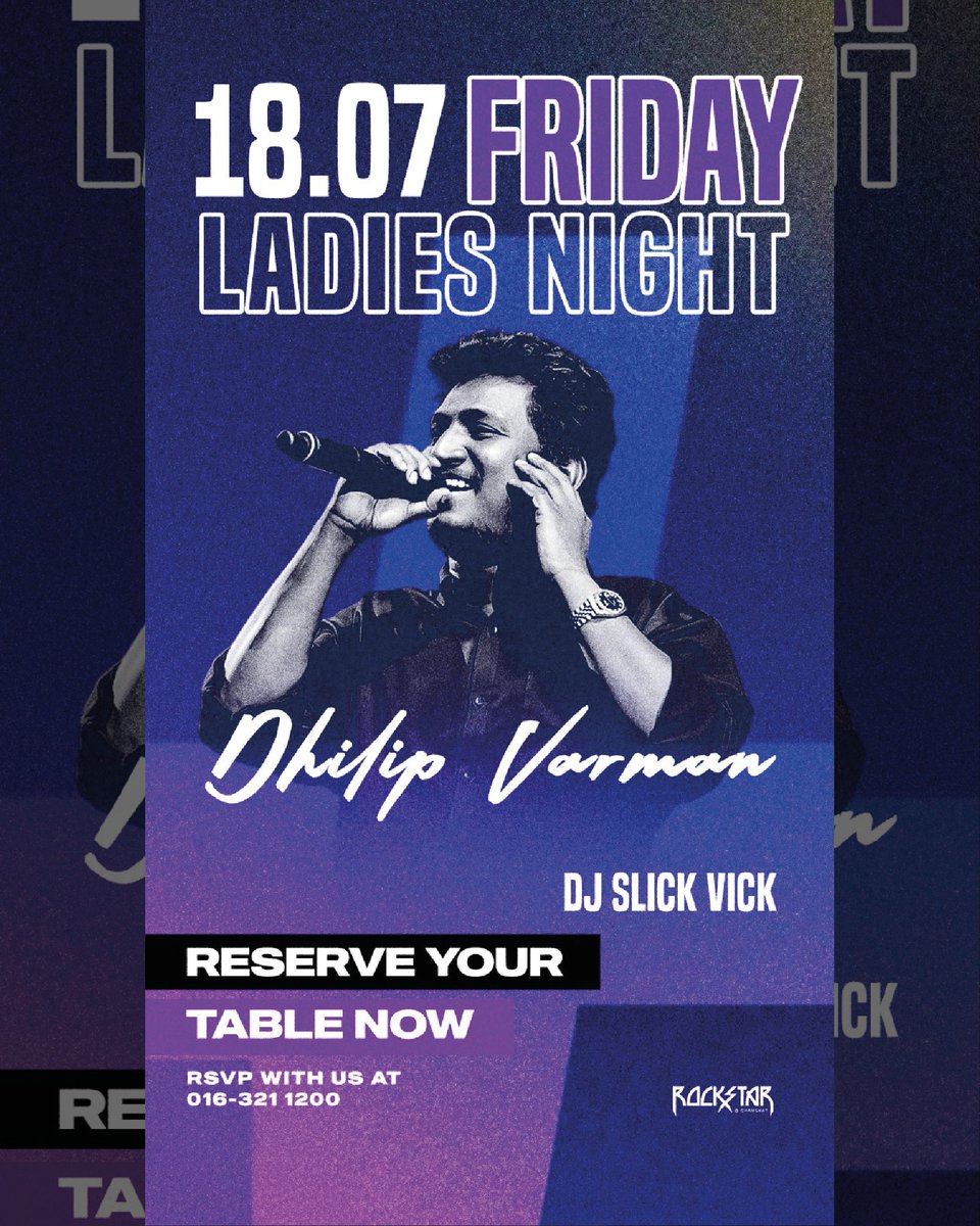 Rockstar_KL's tweet photo. 🔥 LADIES NIGHT: JULY EDITION 🔥
Every Friday @ Rockstar Changkat 💋
04/07 – @hollasantesh 
11/07 – ChakraSonic
18/07 – Dhilip Varman
25/07 – @arvindrajtweets x @PremD7 @ItsSid 

Free entry for ladies 💄
RSVP: 016-321 1200
#LadiesNight #RockstarChangkat #KLNightlife https://t.co/WwzNZg53DZ