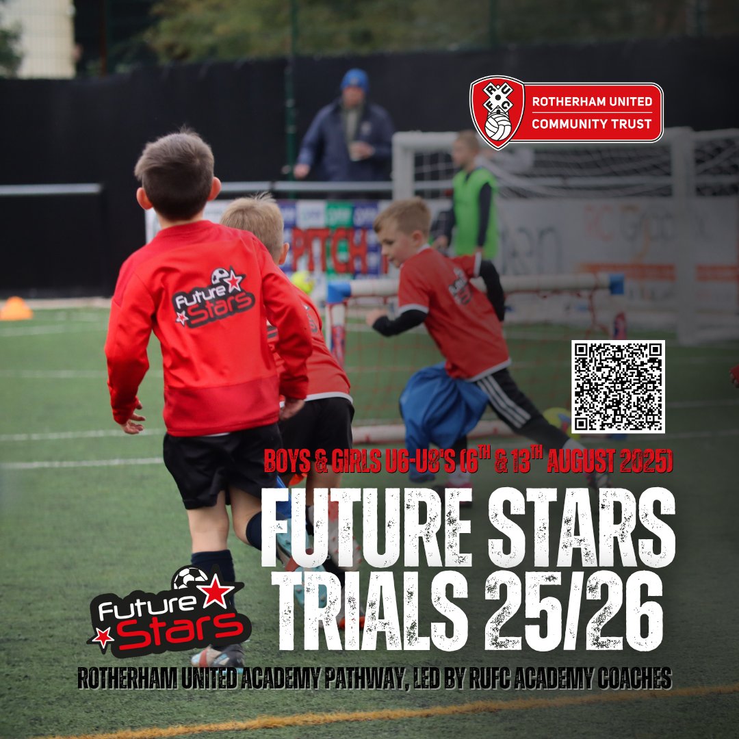 FOOTBALL DEV | Have you signed up?🌟

We are hosting Future Stars Talent Pathway Trials – train with RUFC Academy coaches 🙌

📅 Trial Dates: Wednesday 6th August &amp; Wednesday 13th August
📍 Location: Parkgate Astro, Rotherham

➡️ Register now: forms.office.com/Pages/Response…