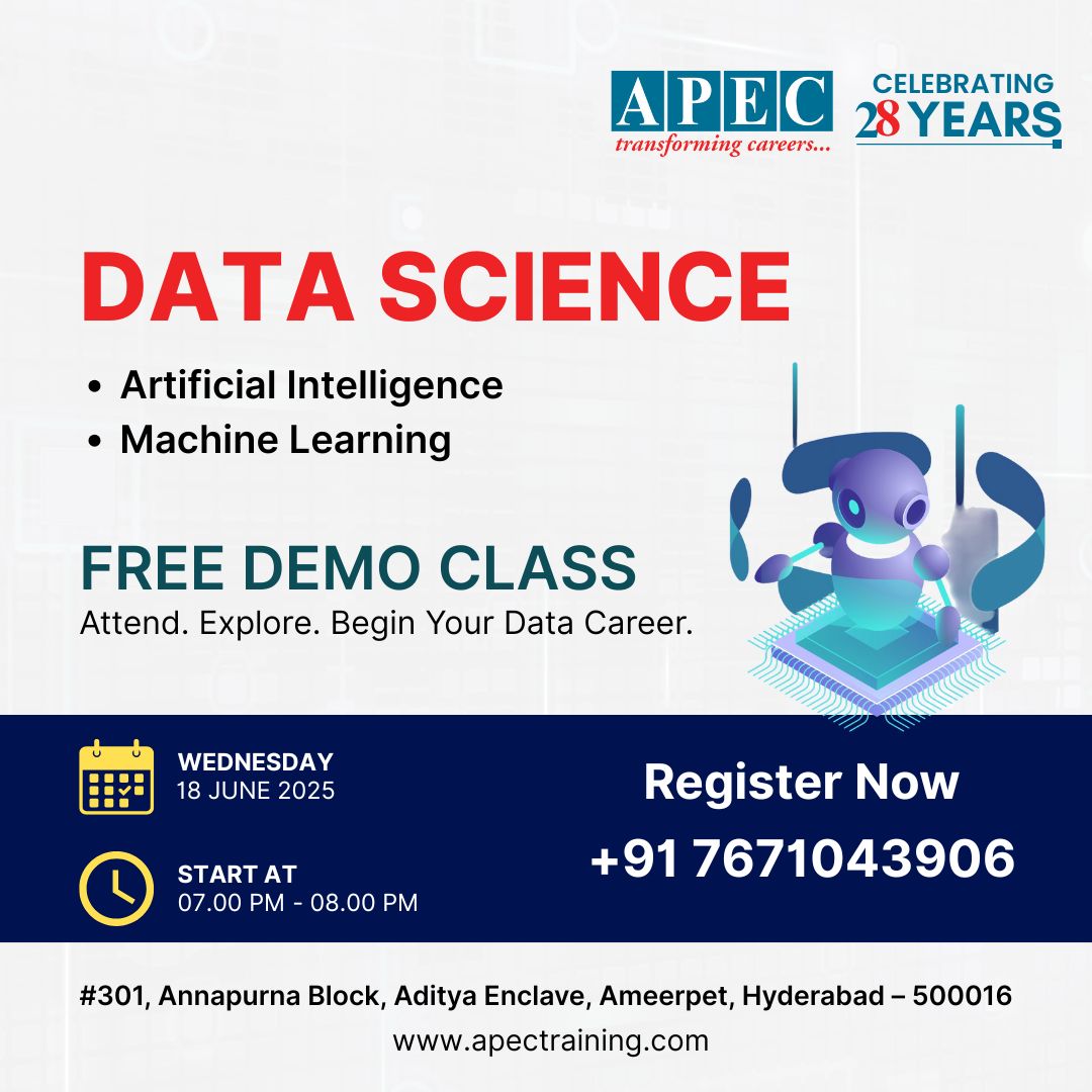 apecITtraining's tweet image. 🚀 Kickstart Your Data Science Career with APEC!
Join our FREE Demo Class on
📅 18th June 2025 (Wednesday)
🕖 Time: 7:00 PM – 8:00 PM
📍 Ameerpet, Hyderabad
📲 Register Now: +91 7671043906
#DataScience #AIML #DemoClass #HyderabadTraining