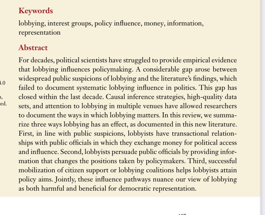 Wiebke Marie Junk (@wmjunk) on Twitter photo Thrilled that our article is published open access <a href="/AnnualReviews/">Annual Reviews</a> !
We review recent strides in the study of lobbying & flesh out 1) transaction, 2) persuasion and 3) mobilisation mechanisms.
With: <a href="/garlicksauce/">Alex Garlick</a> & <a href="/heathbrown/">Heath Brown</a>
annualreviews.org/content/journa… Thrilled that our article is published open access <a href="/AnnualReviews/">Annual Reviews</a> !
We review recent strides in the study of lobbying & flesh out 1) transaction, 2) persuasion and 3) mobilisation mechanisms.
With: <a href="/garlicksauce/">Alex Garlick</a> & <a href="/heathbrown/">Heath Brown</a>
annualreviews.org/content/journa…