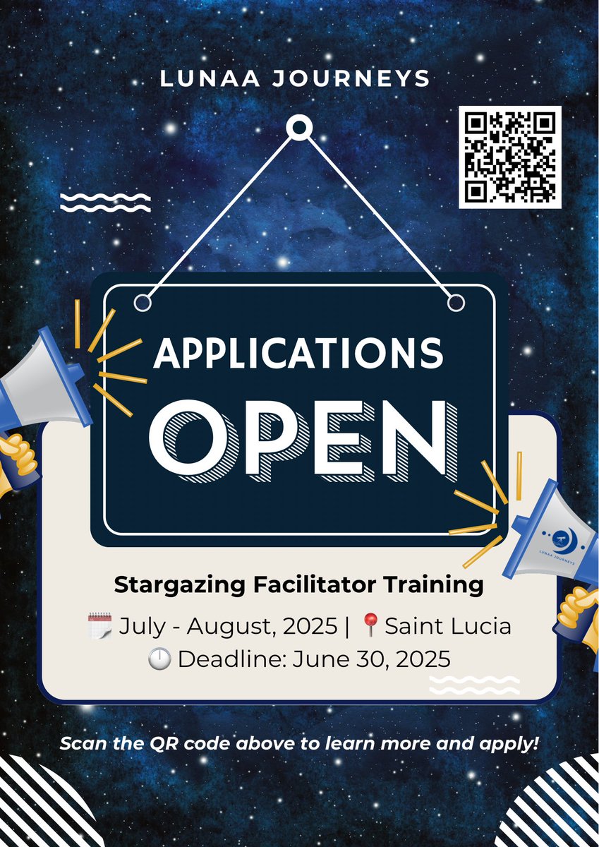 LUNAAjourneys's tweet photo. 🚨 APPLICATIONS NOW OPEN! 🚀
Ready to take your love for the night sky to the next level? 🌌 Join us in Saint Lucia for the Stargazing Facilitator Training Programme — the first of its kind in the Caribbean! 🇱🇨✨

🕓 Deadline: June 30
🔗 Apply here: https://t.co/DNcgDEWCWr https://t.co/ZUtS1PDqoI