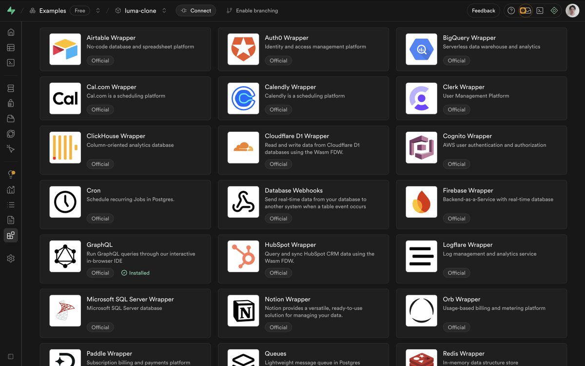 Supabase has native integrations with many tools via foreign data wrappers!

Once configured, you can query the integrated app's data as if it were in a standard Postgres table, allowing you to perform various analyses across various data sources.
