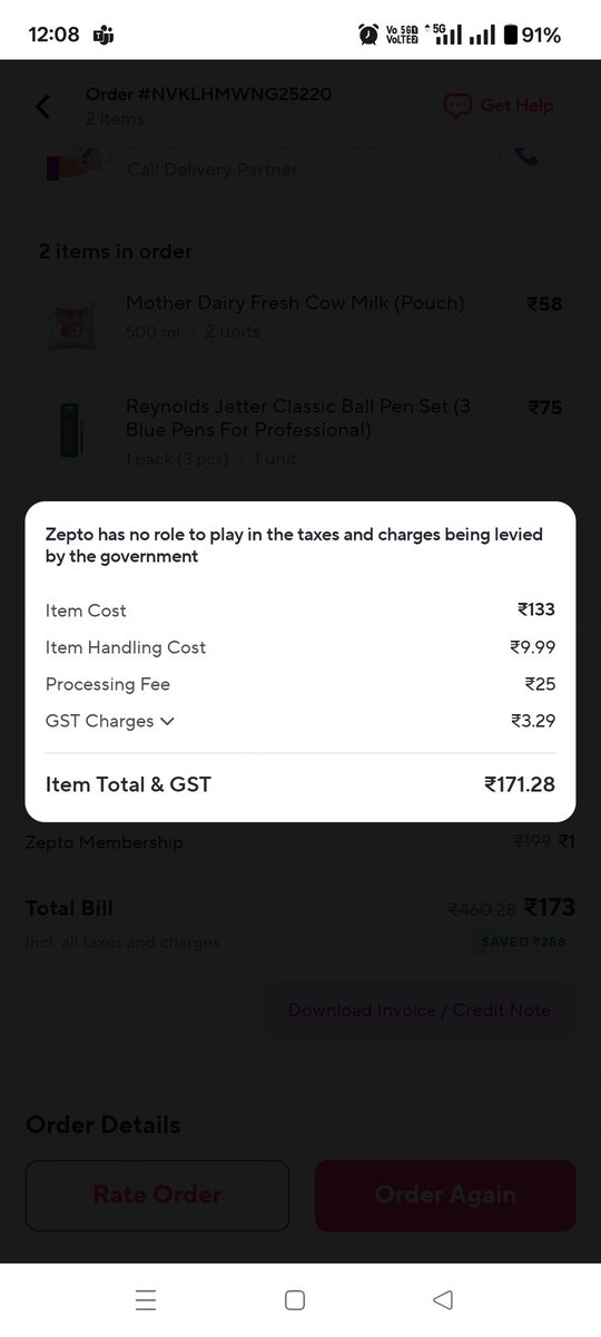 nancy2807's tweet photo. @ZeptoNow I ordered Milk (29*2=58) and pens(75). Both amount have MRP. Thn y extra GST charged on the delivery. This is not a service, these are products.
Also what are these processing charges and item handling cost. https://t.co/k062oo6CEi