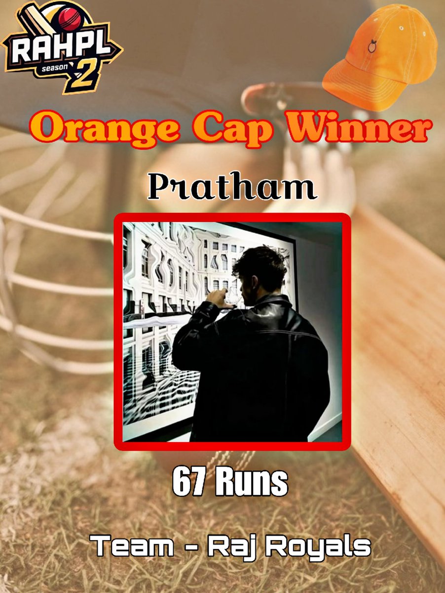 RAHPLOfficial's tweet image. ORANGE CAP WINNER OF THE LEAGUE 🙌🏻
The award of RAHPL S2 MOST RUNS of the season Won by @Pratham_Jodop From Team Raj Royals 🔥
Many Congratulations To him 🎉