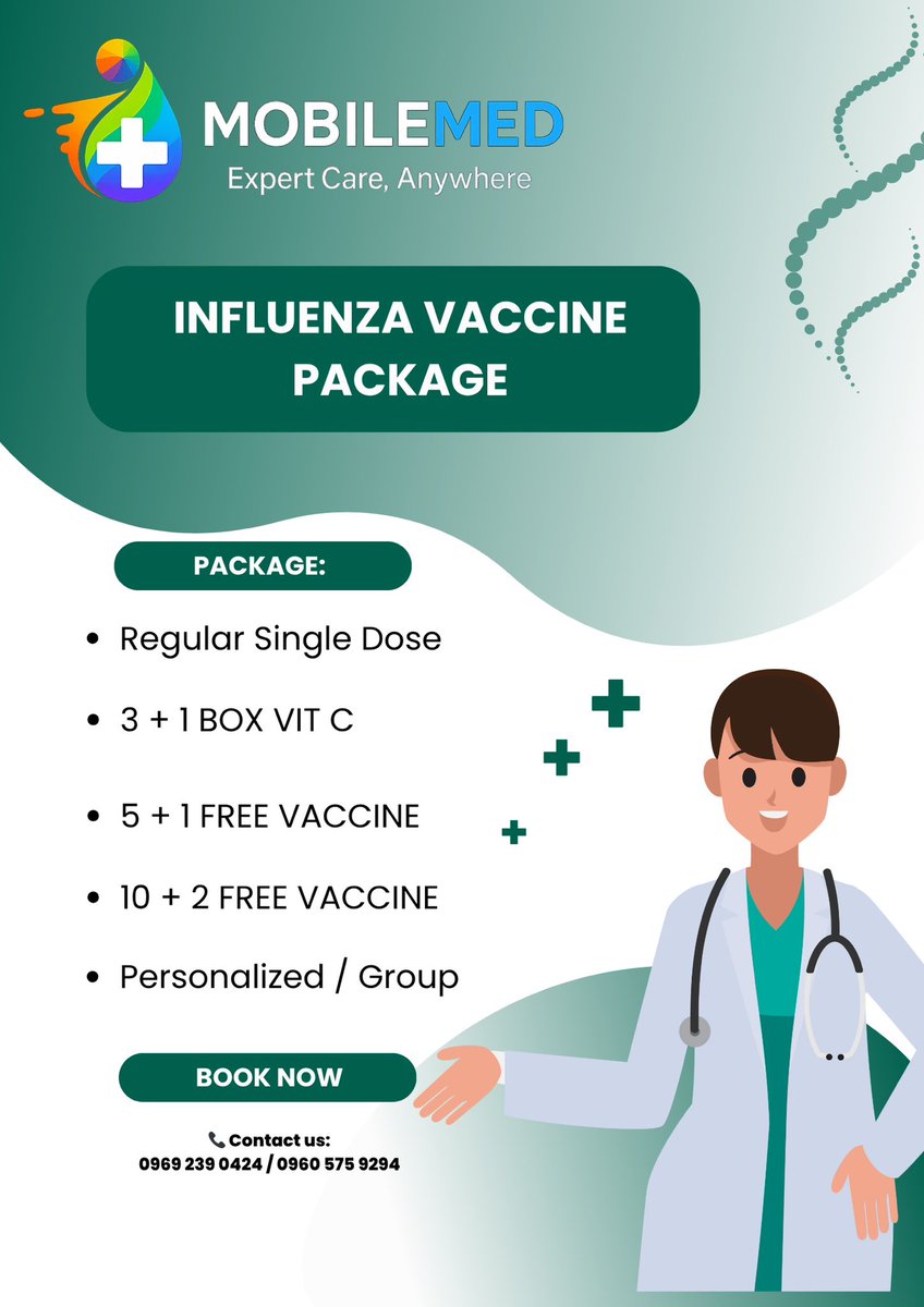MobileMed_'s tweet image. Our package for influenza vaccine. 

 For appointments &amp;amp; inquiries: DM us at our page or 👇🏻👇🏻
09692390424/ 09605759294