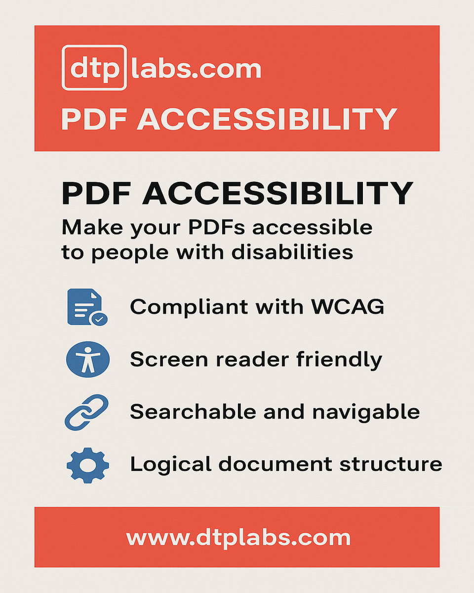 DTP Labs (@labsdtp) on Twitter photo Accessibility isn’t optional—it’s essential. Ensure your PDFs are inclusive with proper reading order, alt text, and tagging for screen readers and compliance.
.
🌐 dtplabs.com | 📷 info@dtplabs.com
.
#PDFAccessibility #MultilingualDTP #Typesetting #DTPlabs Accessibility isn’t optional—it’s essential. Ensure your PDFs are inclusive with proper reading order, alt text, and tagging for screen readers and compliance.
.
🌐 dtplabs.com | 📷 info@dtplabs.com
.
#PDFAccessibility #MultilingualDTP #Typesetting #DTPlabs