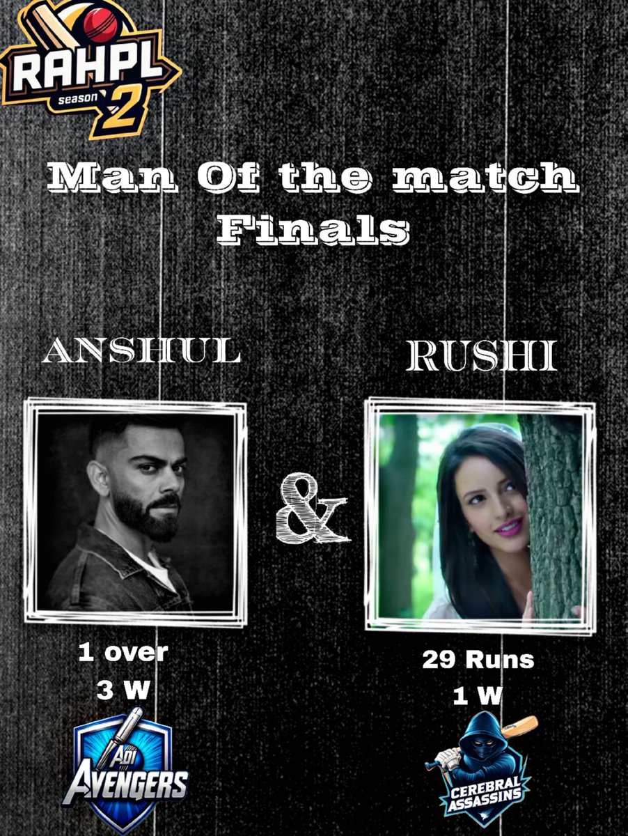 RAHPLOfficial's tweet image. The Award of RAHPL S2 Man of the match Finals 💫
Goes to the brriliant perfomances from both winning teams 🙌🏻
@Qaiskilaila_ From Cerebral Assassins ✨ &
@Virat_kohlifan2 From Adi Avengers 🔥
Congratulations to both of you 💥