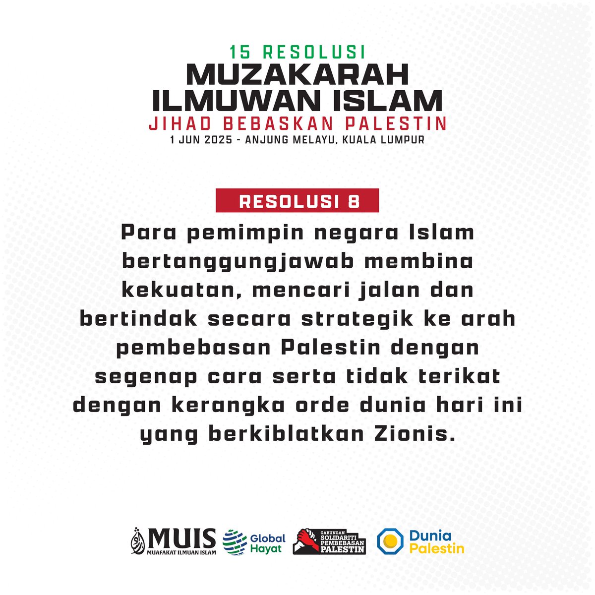 numanmazlan's tweet photo. Para pemimpin negara Islam bertanggungjawab membina kekuatan, mencari jalan dan bertindak secara strategik ke arah pembebasan Palestin dengan segenap cara serta tidak terikat dengan kerangka orde dunia hari ini yang berkiblatkan Zionis. https://t.co/Isay2xgIbR