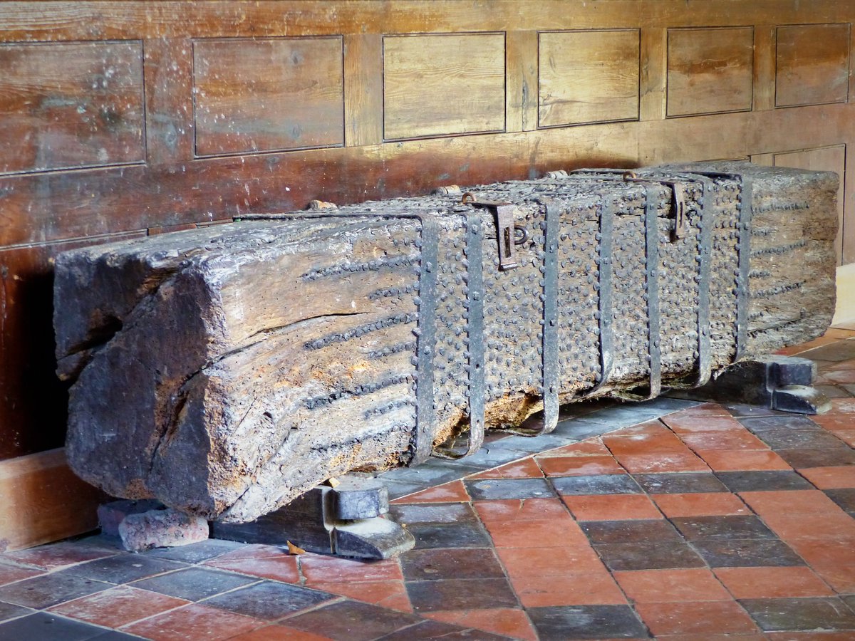 Medieval "dug-out" chest (?C13th).
A single block of oak, bound with iron straps and studded with nails. 
St Peter and St Paul, Rock #Worcestershire 
#Woodensday
