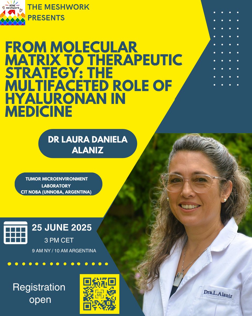 THEmeshwork2020's tweet image. Our final online seminar of the season is just around the corner!!! Register for FREE now and join us next week to discuss all things Hyaluronan in Medicine with Dr Laura Alaniz!!! @LatinXinBME @IntSocMatBio @Matrixbiologie Follow the QR code or click: forms.gle/iSjnrLBVZmkDqd…