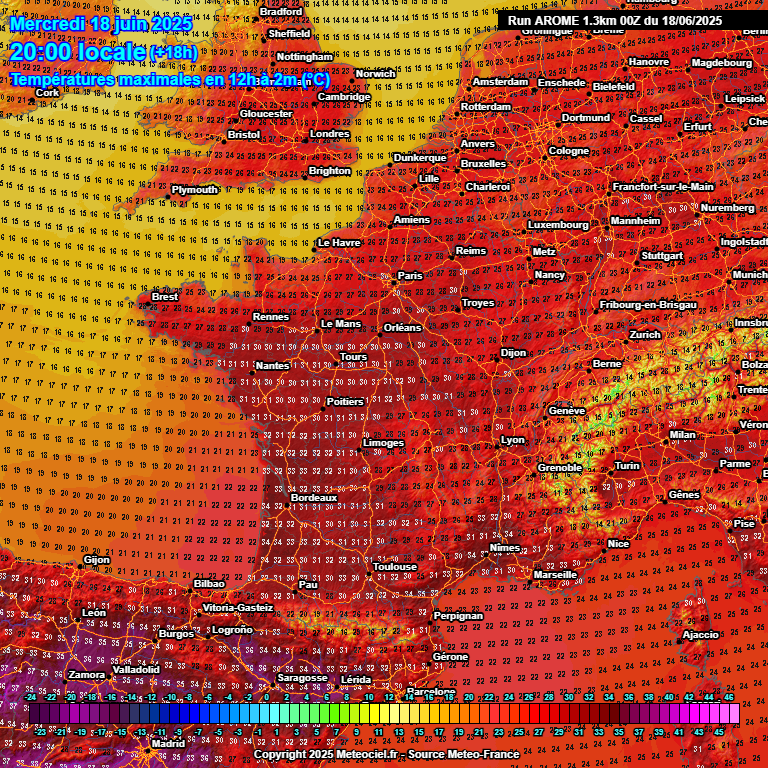 La #chaleur au fil des jours continue à monter en cadence. 
Aujourd'hui, les 30-31°C atteindront la Loire. Jusqu'à 34°C possible dans le sud-ouest et le sud-est, localement 35°C possible.