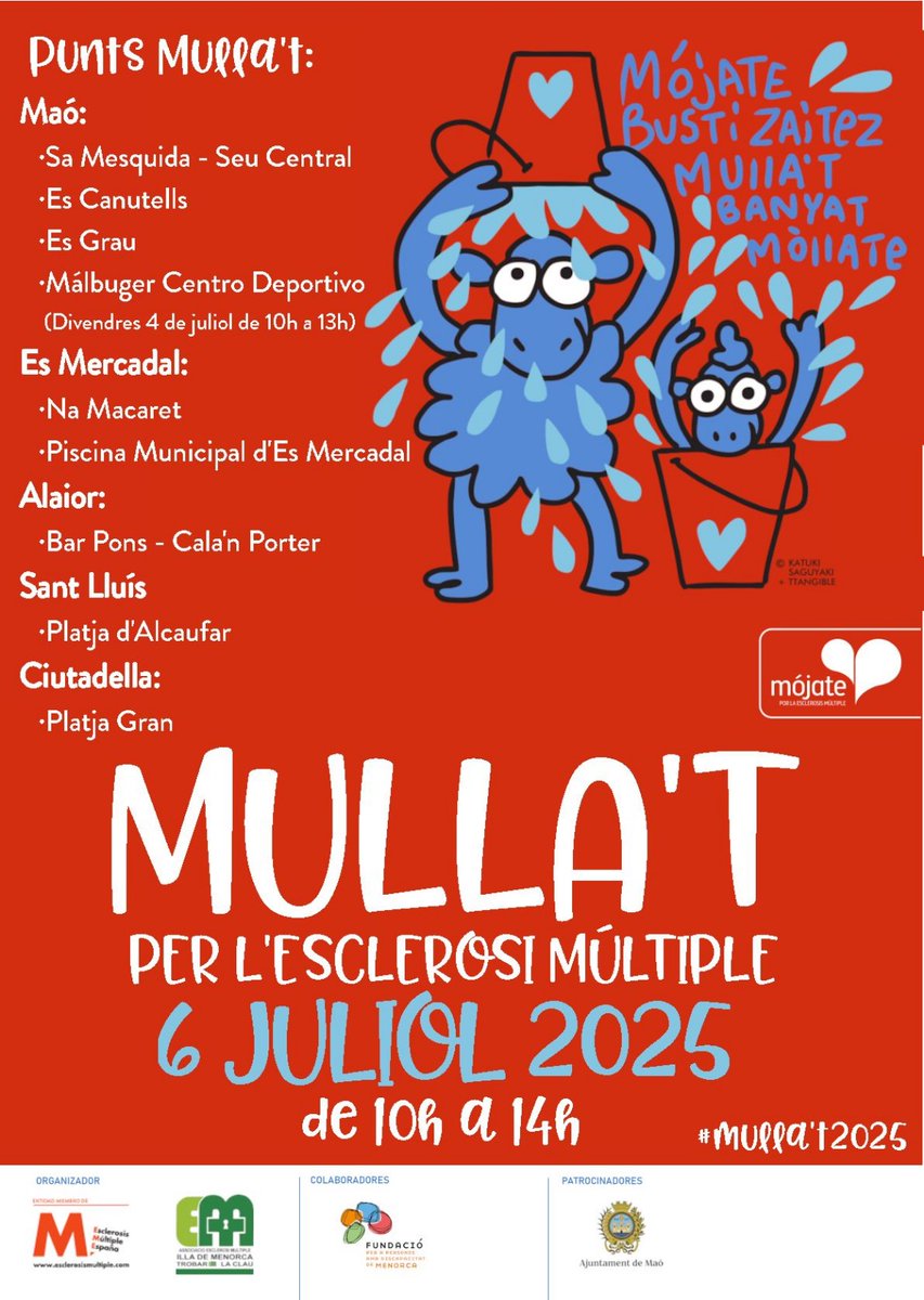 Diumenge, 6 de juliol, vos demanam
que vos mulleu per una bona causa 🏊

Torna la cita amb l’#EsclerosiMúltiple a molts punts de
Menorca gràcies a @aemim_menorca.

#Mullat2025 #Mójate2025