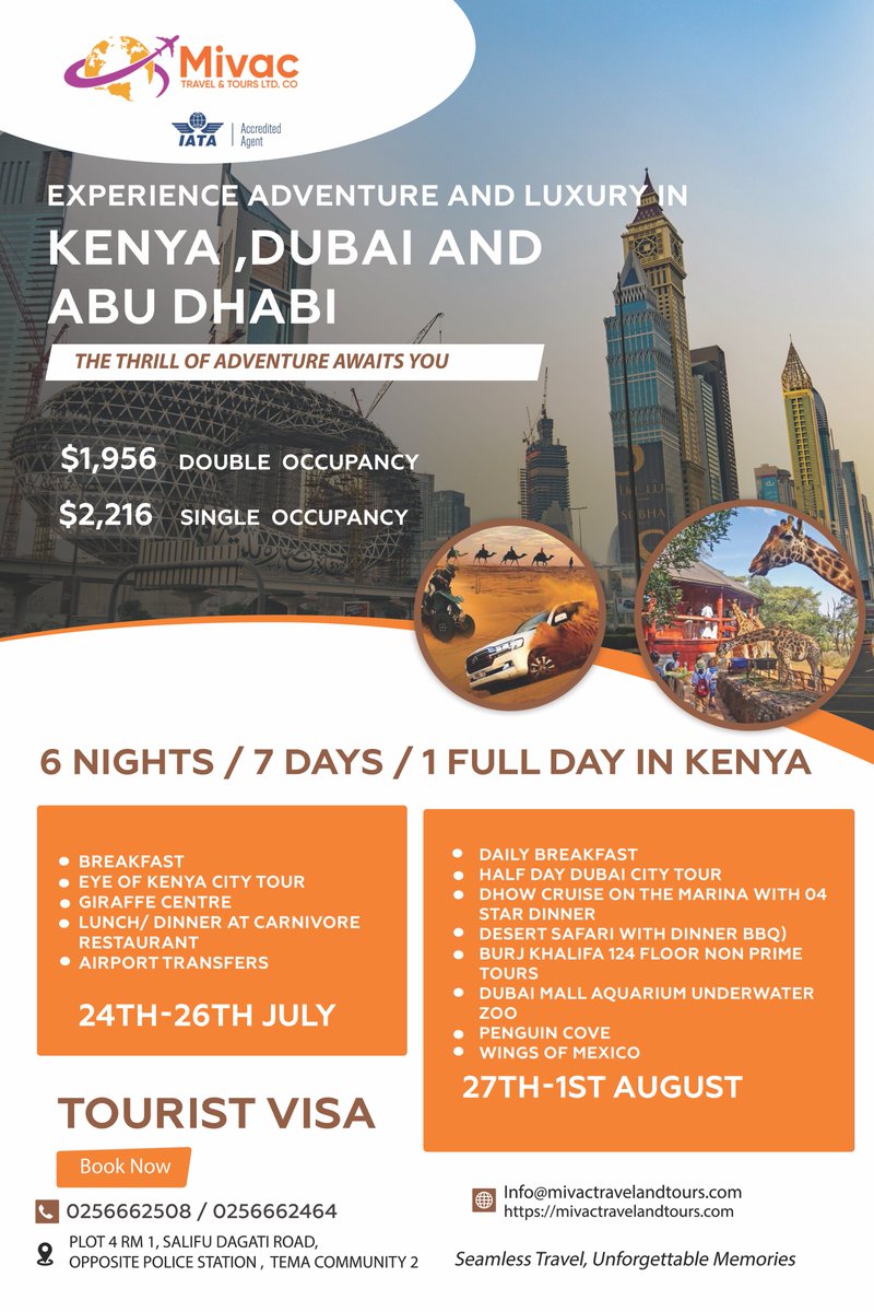 Kenya 🇰🇪, Dubai 🇦🇪 &amp; Abu Dhabi, adventure, luxury and unforgettable memories!

Join us this July for the trip of a lifetime.

📱 Call or text: 0256662508 / 0256662464 to book now!
#TravelWithMivac #KenyaToDubai #LuxuryTravel