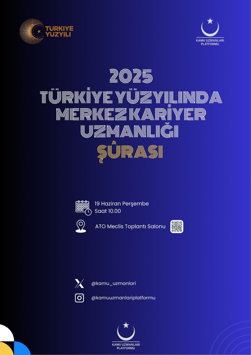 Değerli Uzmanlarımız, 19.06.2025 Perşembe Günü Düzenlenecek Olan "#TürkiyeYüzyılındaMerkezKariyerUzmanlığıŞurası"na Katılmak İsteyen Kişiler, Bağlı Bulundukları Derneklerle İletişime Geçebilir veya #KamuUzmanlarıPlatformu Twitter Adresi Üzerinden Bizlere Ulaşabilirler.