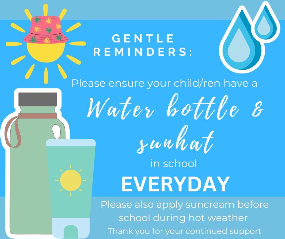 Reminder: The hot weather is coming! Please apply suncream before school and bring water bottles and sun hats everyday. Thank You