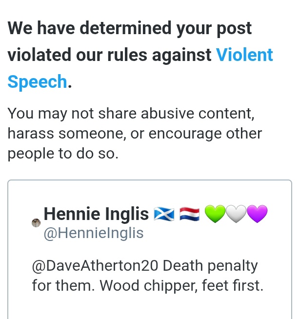I've just had a 12h suspension for 2 posts.

1) calling out Greta Thunberg's yacht stunt
2) saying a pair of paedophile killers should face the death penalty

X thinks I was 'violent'.

I've locked my acct b/c I get NO OUTSIDE ENGAGEMENT anyway.

I'm not paying for a blue tick.