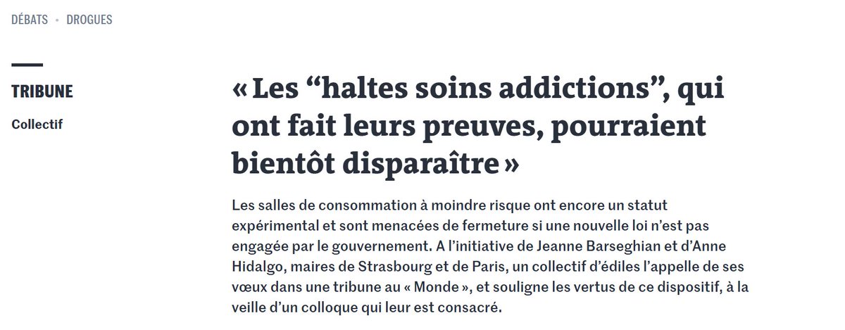 [Tribune par dix maires]
🔴Les « haltes soins addictions » pourraient disparaître.
Testées depuis 2016 à Paris et Strasbourg, elles ont encadré 550 000 injections. Leur fermeture en 2026 mettrait en péril la santé publique.
➡️lemonde.fr/idees/article/…