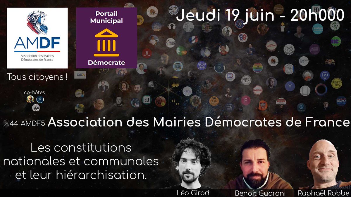 X44-AMDF5- Les constitutions nationales et communales, et leur hiérarchisation.
Jeudi 19 juin 20h00 - Parlons de démocratie locale !
Lien de l’émission : x.com/DDirectes/stat…

Léo Girod, Benoît Guarani Kaïwoà, de Converge RIC &amp; Raphaël Robbe du Portail Municipal Démocrate