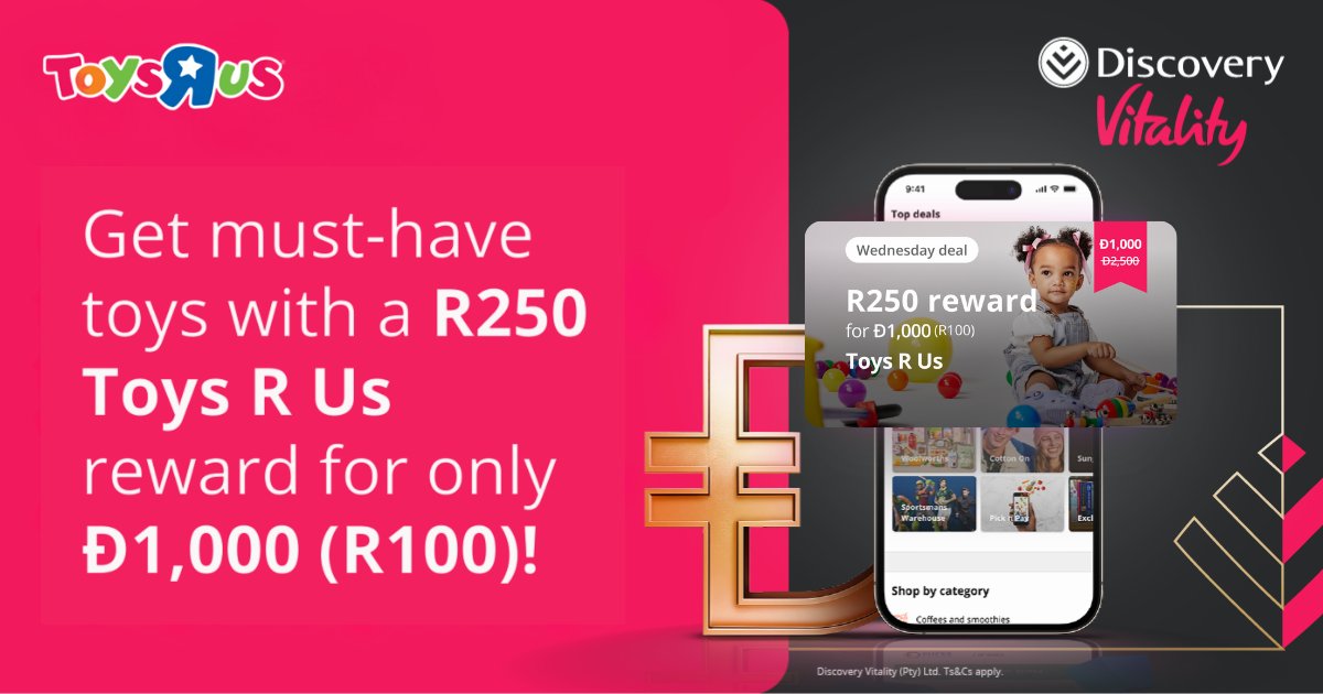 Vitality_SA's tweet photo. Stock up on the coolest toys and games for the kiddos for the holidays this #RewardsWednesday. Get a R250 @‌ToysRUs reward for only Ð1,000 (R100) from the Vitality Mall now. Hurry – this limited offer is only available until midnight or while stocks last. https://t.co/Elo9FxBMHT