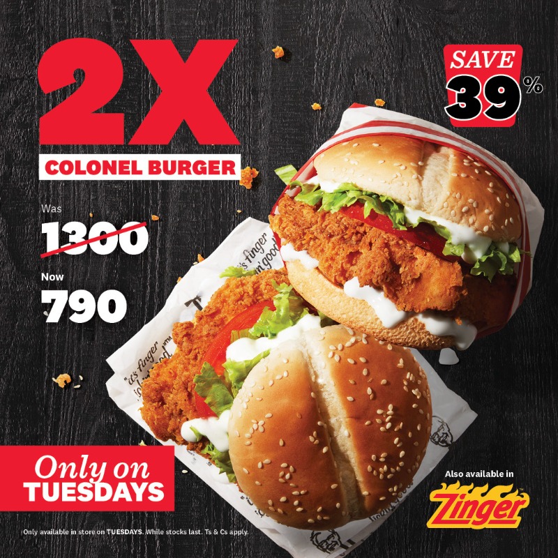 Double the flavor, double the fun! 🍔🍔Get 2 Colonel Burgers for just 790 – only on Tuesdays!🔥

#BurgerTuesday #KFC #FingerLickinGood #Foodie
