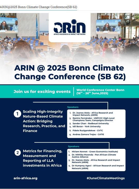 ARIN is at #SB62! Join us in Bonn (June 16-26) for crucial dialogues:
1. Scaling High-Integrity Nature-Based Climate Action (w/ <a href="/IDOS_research/">IDOS_research</a> , <a href="/YorkUniversity/">York University</a> , <a href="/Radboud_Uni/">Radboud University</a> , <a href="/CIFOR_ICRAF/">CIFOR-ICRAF</a>  &amp; more!)
2. Metrics for LLA Investments in Africa (w/ <a href="/GreenEconomists/">Green Economics</a>, <a href="/PACJA1/">PACJA</a>  &amp; more