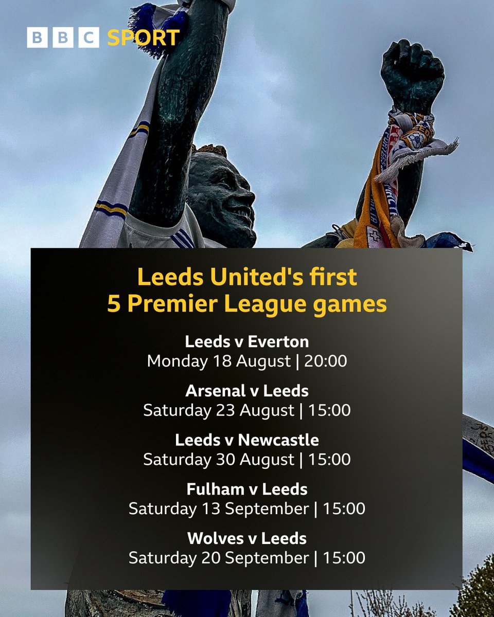 Leeds United will play Everton at Elland Road on Monday 18th August in their first game back in the Premier League.

It will be followed by a trip to the Emirates Stadium to face Arsenal.

First 5⃣ fixtures are here 👇👇👇

#LUFC | #BBCFootball