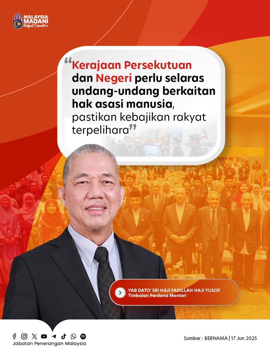 JPenerangan's tweet photo. 📜 Perundangan Adil, Masyarakat Stabil! 🏛️

🛡️ Undang-undang hak asasi manusia perlu diselaraskan.
👨‍👩‍👧‍👦 Fokus pada isu kekeluargaan, perkahwinan &amp; hak anak.
⚖️ Warisan undang-undang lama cetus dilema – perlu reformasi!

#MalaysiaMADANI
#TaatSetia
#JabatanPenerangan https://t.co/VFGaCY4l24