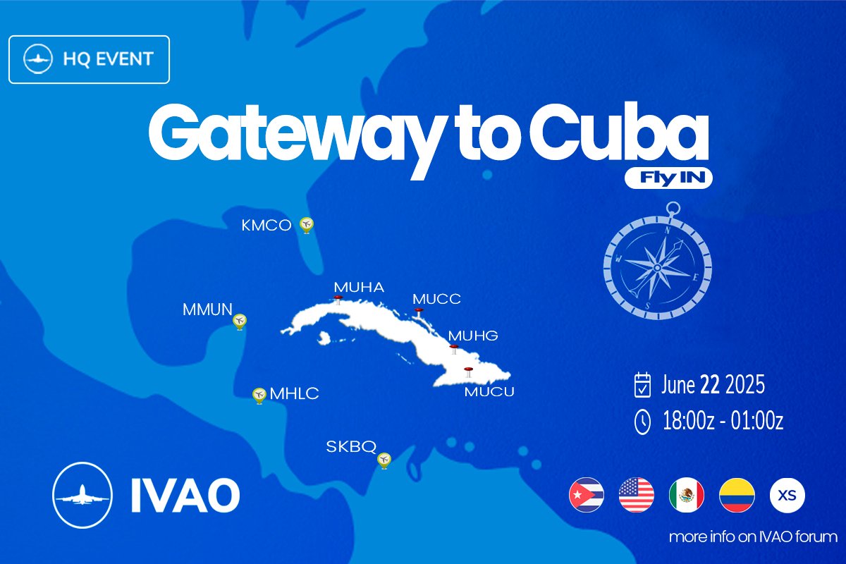 ¡Atención comunidad de IVAO México!

Nos espera otro evento HQ este domingo 22 de junio.

"Gateway to Cuba"

Prepara tus alas para volar desde el aeropuerto de Cancún (MMUN) hacia el aeropuerto de Cayo Coco (MUCC) a partir de las 1800z (12:00 pm hora centro de México)