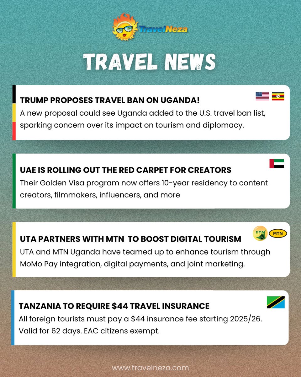 1. 🇺🇸 TRUMP wants Uganda on the Travel ban list.

2. 🇦🇪UAE offers 10-year visas to content  creators.

3. 🇺🇬 UTA &amp; MTN partner to boost tourism. 

4. 🇹🇿 Tanzania to charge foreigners $44 travel insurance.

#TravelNezaUpdates
