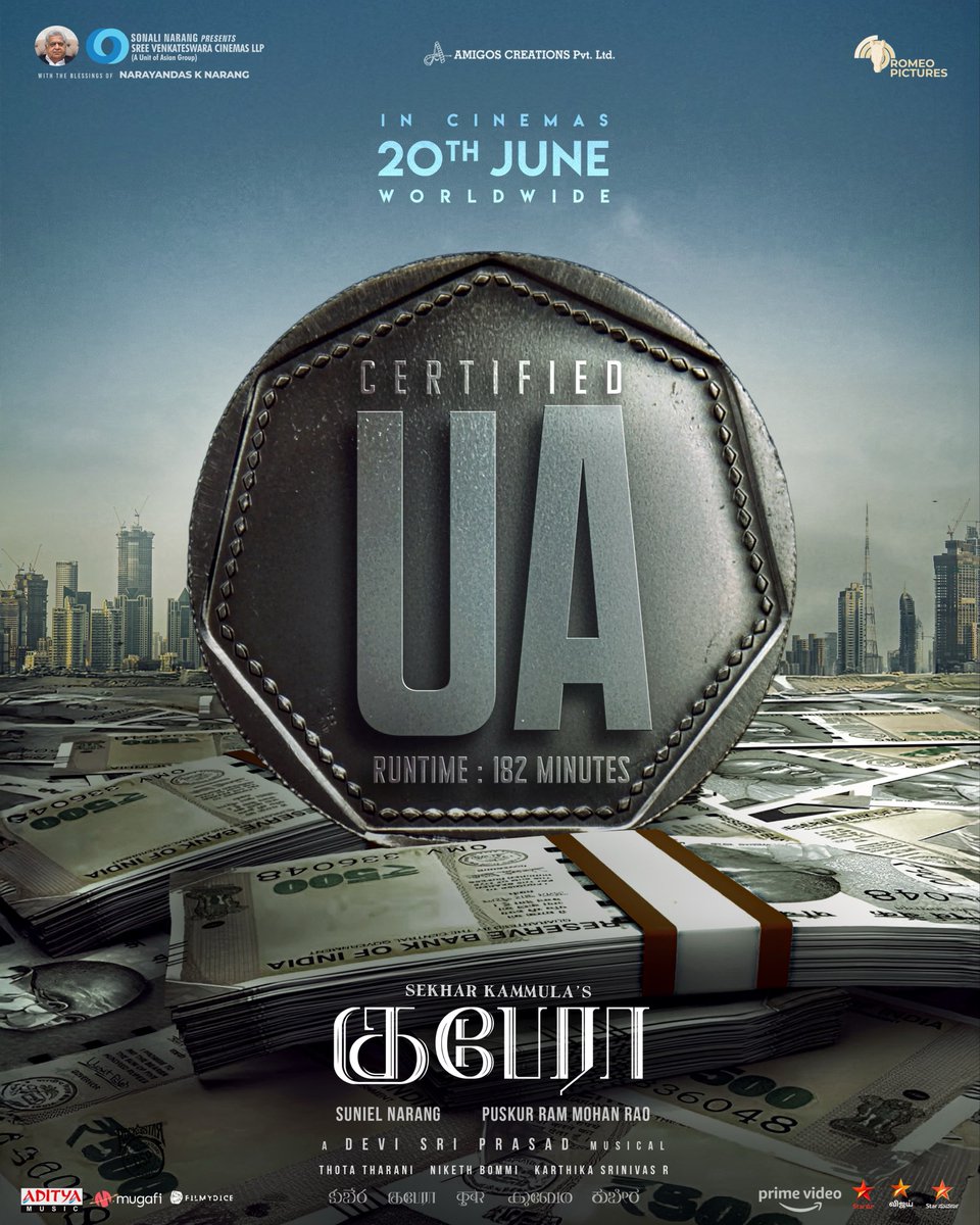cinima_c's tweet image. #Kuberaa Censored UA 
Runtime- 3 Hrs 02 Mins 

Advance Bookings Opened 
In Cinemas From This Friday