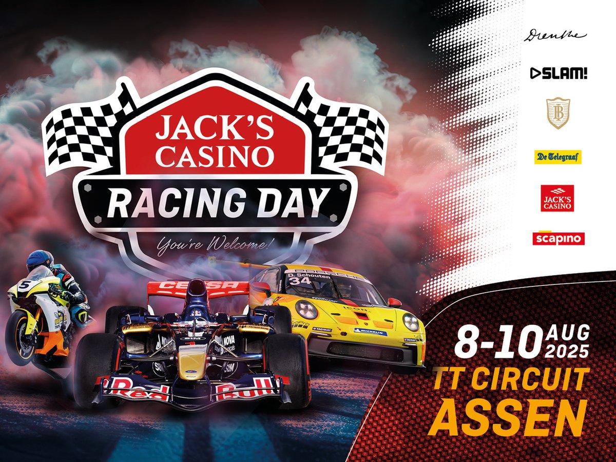 JACK’S Casino Racing Day 2025 – 8 t/m 10 aug, TT Assen! Snelheid, actie en beleving van dichtbij 🚗🔥 Paddocktickets nu te koop.

#JacksRacingDay #TTAssen #Motorsport #AutoEvent #RaceWeekend