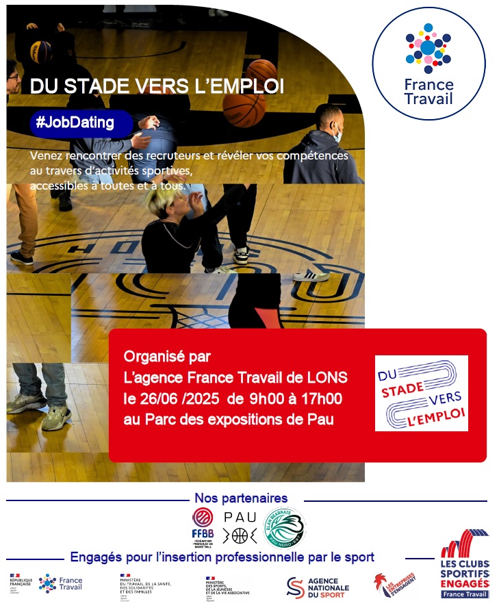 📢 RDV le 26 juin à #Pau pour un recrutement innovant et ludique qui s’appuie sur les valeurs du sport🏀
✅ Recruteurs et candidats porteront le même maillot

👉 Inscription obligatoire ici > mesevenementsemploi.francetravail.fr/mes-evenements…

#AvecFranceTravail #DuStadeVersLEmploi #ElanBearnaisPauNordEst