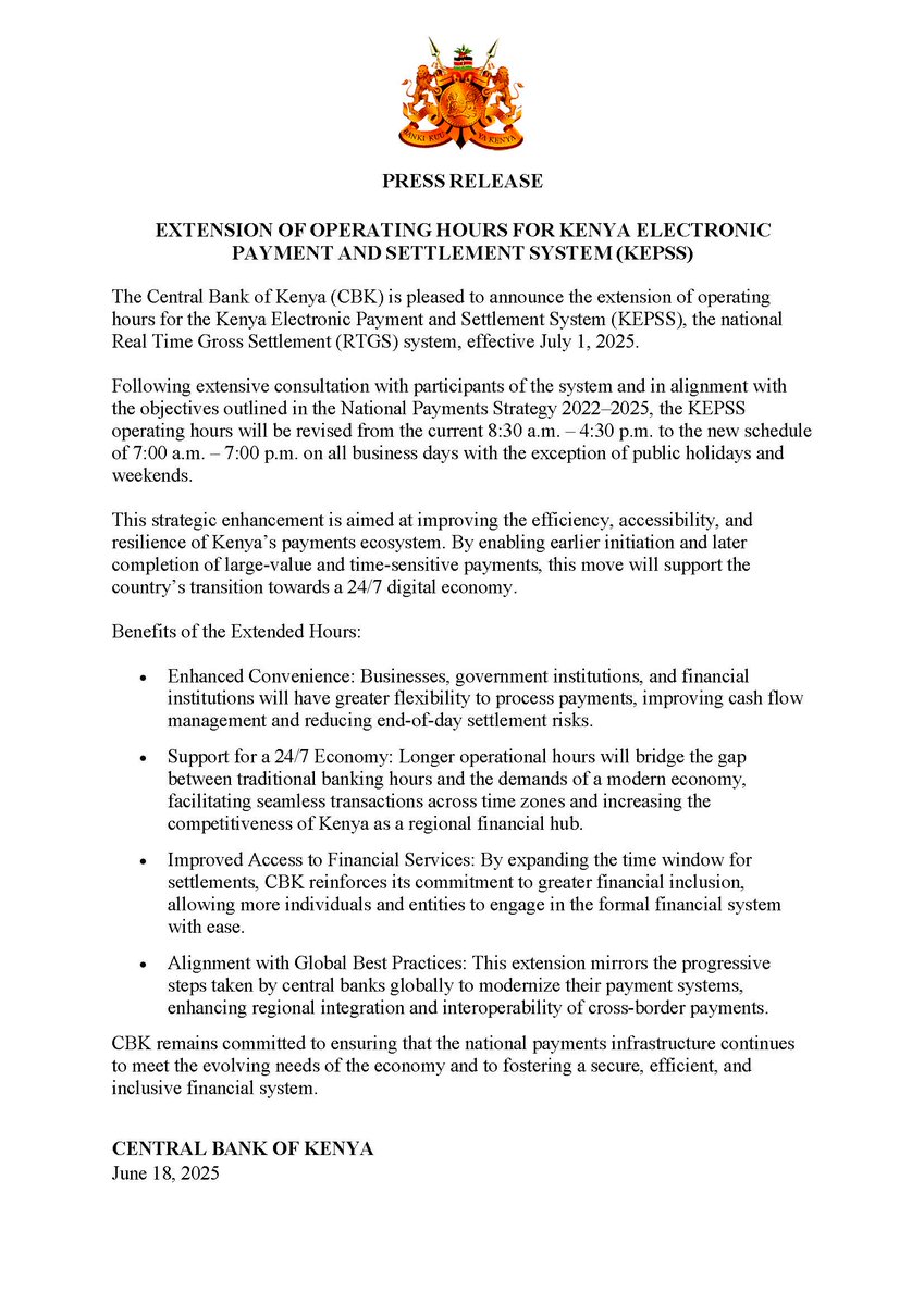 CBKKenya's tweet photo. Press Release: Extension of Operating Hours for Kenya Electronic Payment and Settlement System (KEPSS) https://t.co/2ojYNeA7iD https://t.co/71DLViit1d