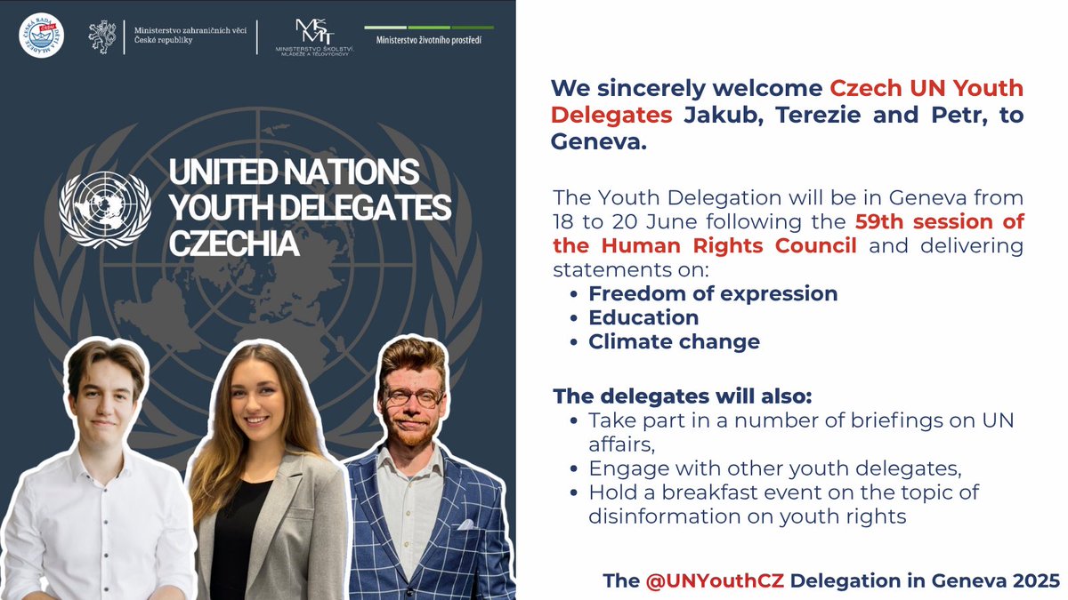 CZMissionGeneva's tweet photo. Welcome to Geneva, @UNYouthCZ 🇨🇿

@UNHumanRights #HRC59 https://t.co/2MgNtkJi2T