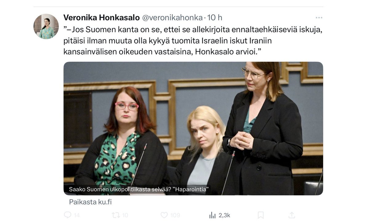 Ja edustaja Honkasalo on pistänyt Palestiinan asian vähäksi aikaa sivuun ja ryhtynyt kantamaan huolta Iranista.

Niin sitä pitää.

Hyvää huomenta.