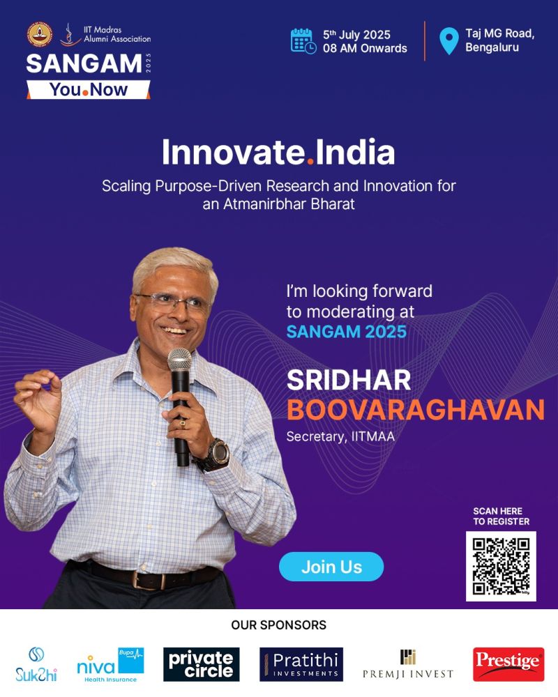 Catch IITMAA Secy <a href="/sridhar_ml/">Sridhar B</a> moderating ‘Innovate.India’ at Sangam 2025 with <a href="/shivkuma_k/">Shivkumar Kalyanaraman</a> , Nat Malupillai &amp; Rajnish Kumar — on scaling innovation for an AtmanirbharBharat 🇮🇳

📍 Taj MG Road, Bengaluru
🔗 iitmaasangam.com

#Sangam2025 #IITMAA #IITMadras
