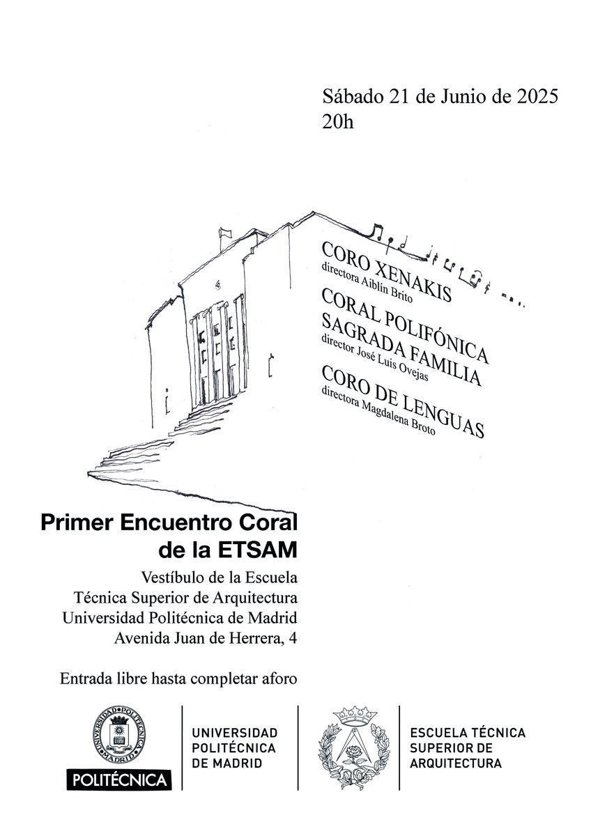 🎶Celebramos el Día Europeo de la Música con el primer encuentro coral de la #ETSAM. El coro <a href="/XenakisOficial/">Coro Xenakis Oficial</a> de la escuela actuará junto con dos coros invitados para compartir una tarde de música.
🗓️21/06, 20:00h
🎟️Entrada libre
#somosUPM #nosoloingenieria <a href="/ETSAMadrid/">ETSAM</a>