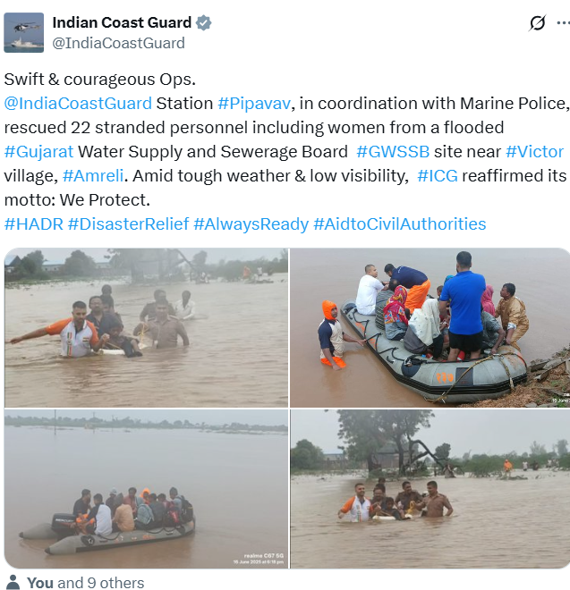 DeccanChronicle's tweet photo. “Swift & courageous Ops. @IndiaCoastGuard Station #Pipavav, in coordination with Marine Police, rescued 22 stranded personnel including women from a flooded #Gujarat Water Supply and Sewerage Board  #GWSSB site near #Victor village, #Amreli. Amid tough weather & low visibility,  #ICG reaffirmed its motto: We Protect,” posts Indian Coast Guard