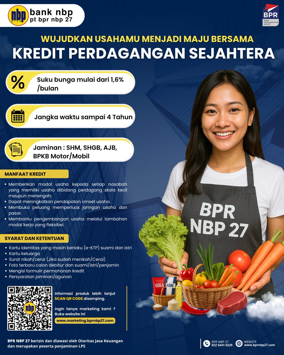 bprnbp27's tweet photo. WUJUDKAN USAHAMU MENJADI MAJU BERSAMA
💼 KREDIT PERDAGANGAN SEJAHTERA – BPR NBP 27

Dapatkan solusi pembiayaan untuk mengembangkan usaha perdagangan kecil hingga menengah dengan fitur menarik berikut: https://t.co/0CAzwb6vUm