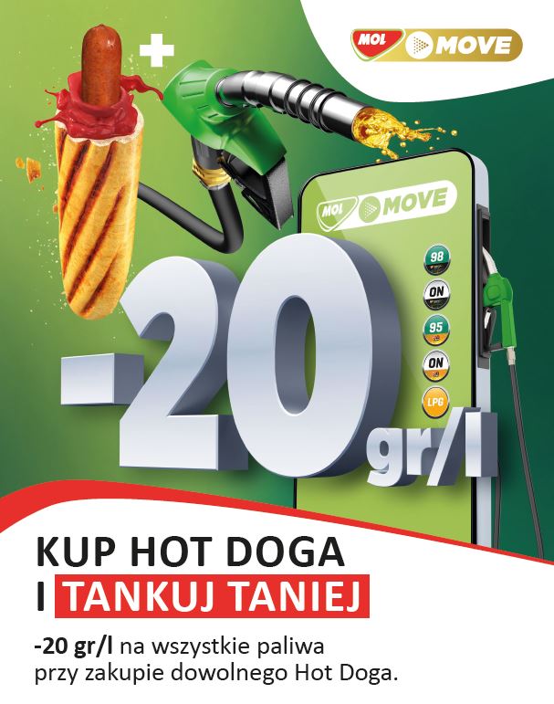 Sieć MOL Polska przygotowała promocję na paliwa na nadchodzący długi weekend. Na wszystkich
stacjach MOL i Lotos w Polsce w dniach 18-22 czerwca, kierowcy otrzymają 20 gr zniżki na każdy litr
paliwa. Jedynym warunkiem udziału w promocji jest jednoczesny zakup hot-doga.