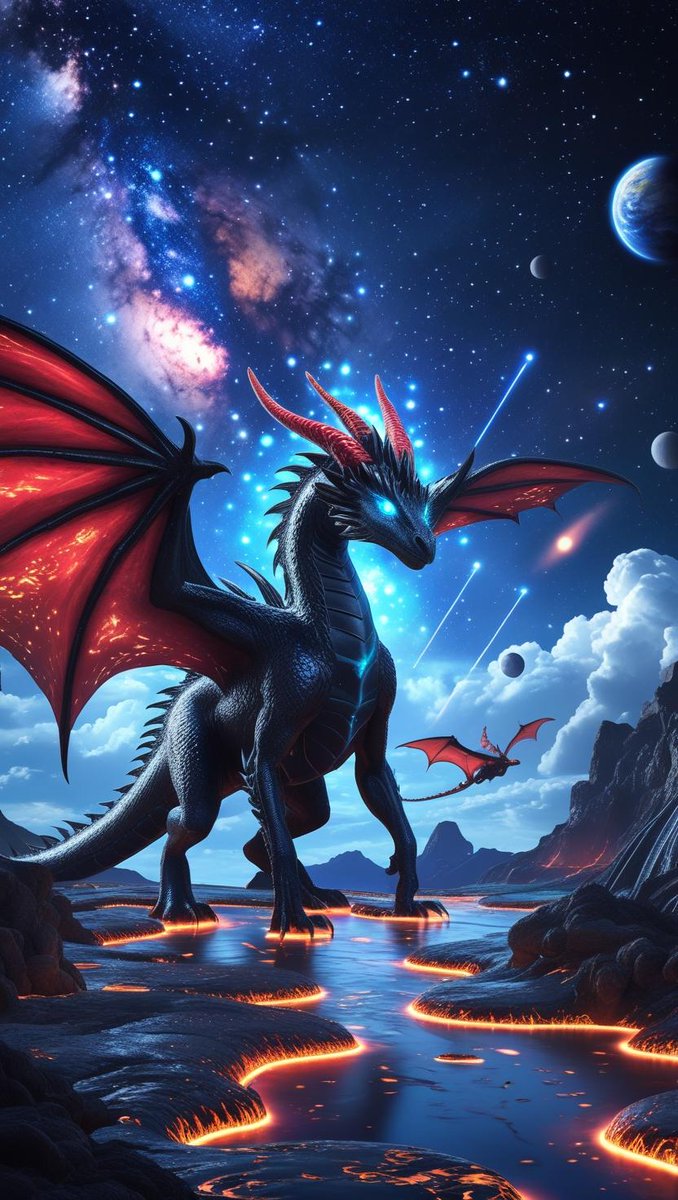 Beneath the stars where lava flows,
A dragon stands as starlight glows.
With fire beneath and sky so wide,
It guards your dreams with cosmic pride.
Close your eyes, let fears take flight
You're safe within its wings tonight. 🌌🐉✨

Naptime ✨ 𝕏-Family 💫 😉