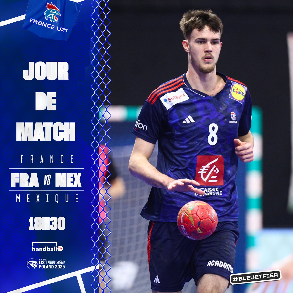Entrée en lice dans le Mondial pour les U21 ! ✨

Les Bleus défieront le Mexique à 18h30 pour débuter la compétition. Une rencontre à suivre en exclusivité sur HandballTV ! 📺

#BleuetFier