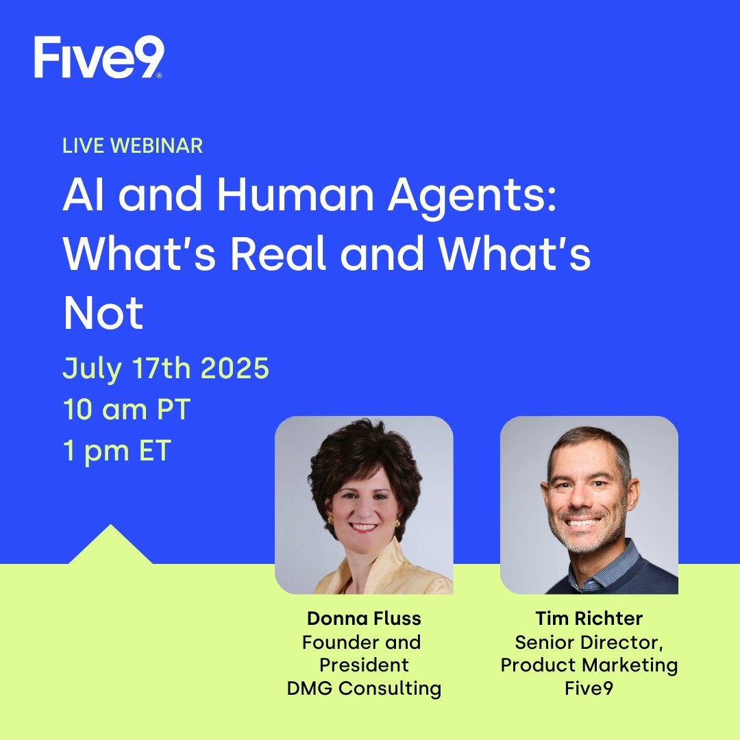 Five9 EMEA (@five9_emea) on Twitter photo #AI is transforming contact centers—but not in the way you might expect. In this forward-looking webinar with analyst and thought leader <a href="/dfluss/">Donna Fluss</a>, we’ll dig into one of the most pressing questions in #CX: Will AI replace agents? Register now: bit.ly/3ToqSuG
#TheNewCX #AI is transforming contact centers—but not in the way you might expect. In this forward-looking webinar with analyst and thought leader <a href="/dfluss/">Donna Fluss</a>, we’ll dig into one of the most pressing questions in #CX: Will AI replace agents? Register now: bit.ly/3ToqSuG
#TheNewCX