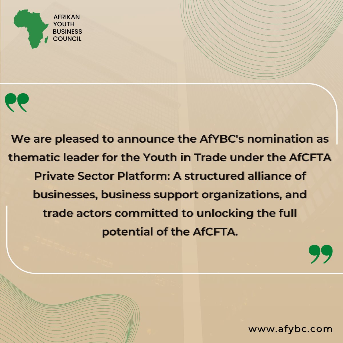 <a href="/AfriYBC/">Afrikan Youth Business Council - AfYBC</a> is pleased to be nominated as Thematic Leader for Youth in Trade under the <a href="/AfCFTA/">AfCFTA Secretariat Official</a> Private Sector Platform!

Youth-led trade is the future!

#AfYBC #AfCFTA #YouthInTrade #AfricaRising