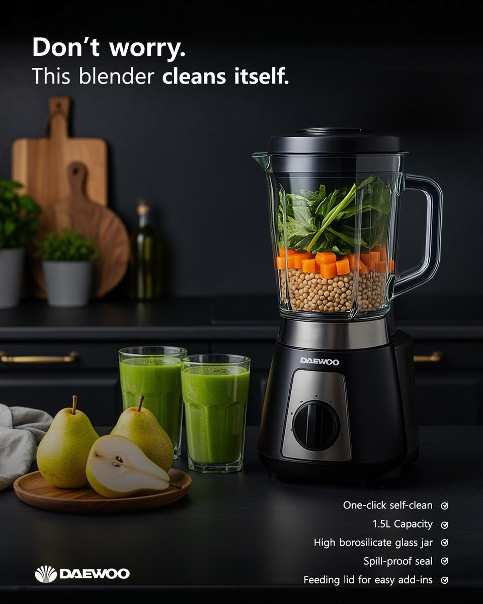 Daewooappliance's tweet image. Blend. Sip. Smile.
No scrubbing, no hassle, this blender cleans itself so you don’t have to. 🍐✨
Healthy smoothies, zero mess.

#DaewooIndia #SmartBlender #KitchenEssentials #EffortlessCooking #CleanKitchen #BlendBetter