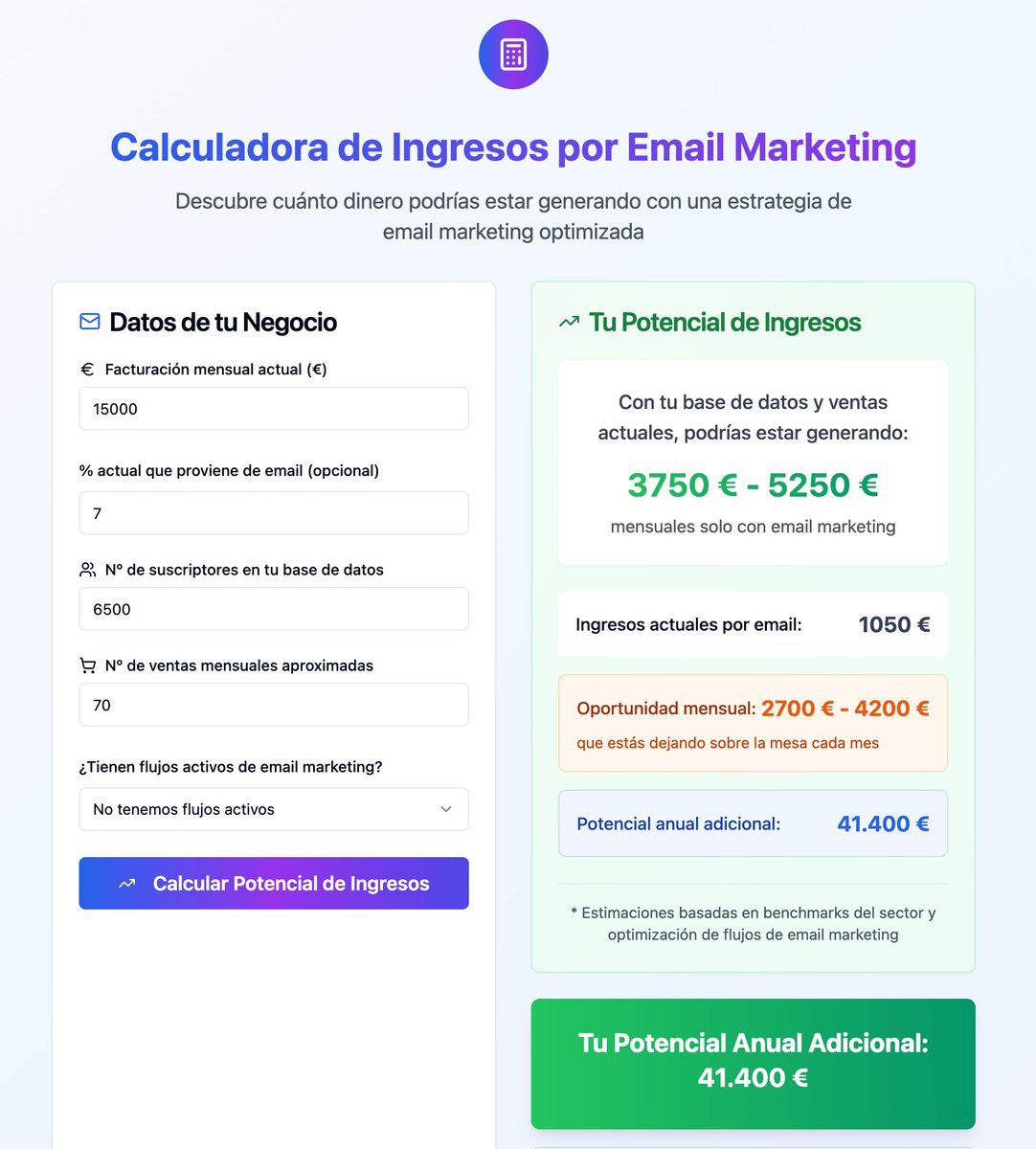 💸 Si facturas 15.000€/mes, haces 70 ventas y solo el 7% viene del email…  Estás dejando +𝟰𝟬.𝟬𝟬𝟬€ /año sobre la mesa.

Lo he calculado con eCommCal, la herramienta que acabo de lanzar.

Gratis, rápida y basada en benchmarks reales.

👉 Te dejo el enlace en el primer