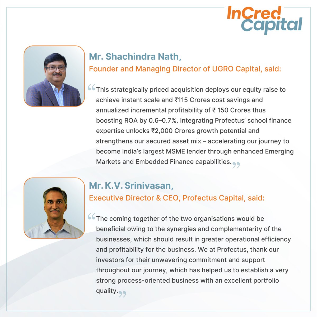IncredCapital's tweet image. India’s MSME lending landscape is undergoing a transformational shift InCred Capital is proud to have played a pivotal role in this evolution. Acting as the exclusive advisor to UGRO Capital , we facilitated its strategic all-cash acquisition of Profectus Capital, valued at…