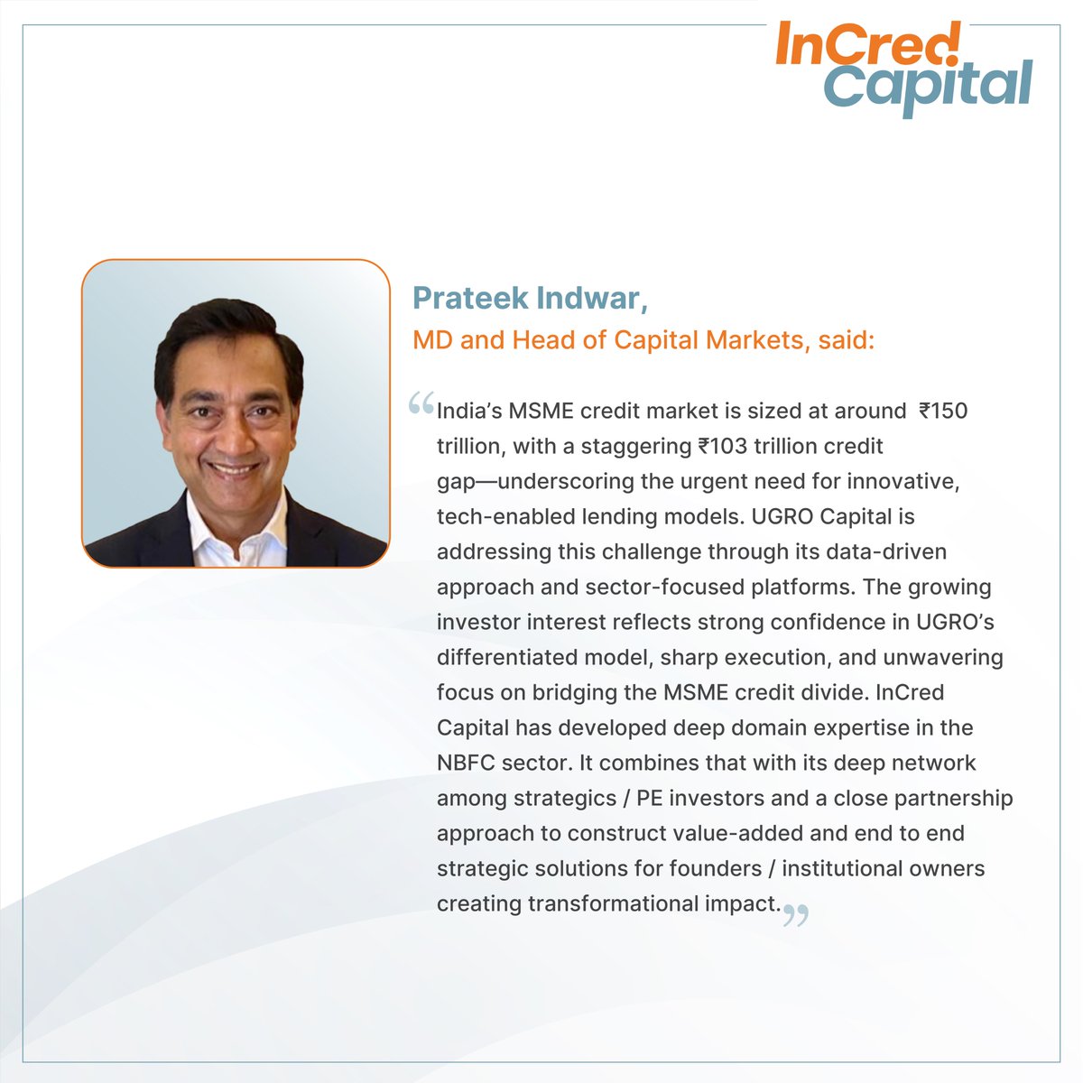 IncredCapital's tweet image. India’s MSME lending landscape is undergoing a transformational shift InCred Capital is proud to have played a pivotal role in this evolution. Acting as the exclusive advisor to UGRO Capital , we facilitated its strategic all-cash acquisition of Profectus Capital, valued at…