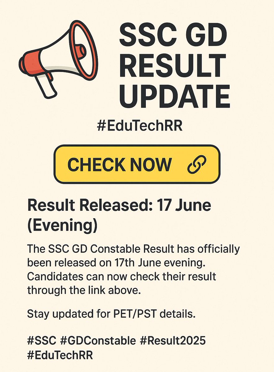edutechrr's tweet image. 📢 SSC GD Result Update | #EduTechRR

🔗 Check Now: cuturl.cloud/iGYhFM
📅 Result Released: 17 June (Evening)

Stay updated for PET/PST details.
#SSC #GDConstable #Result2025 #EduTechRR